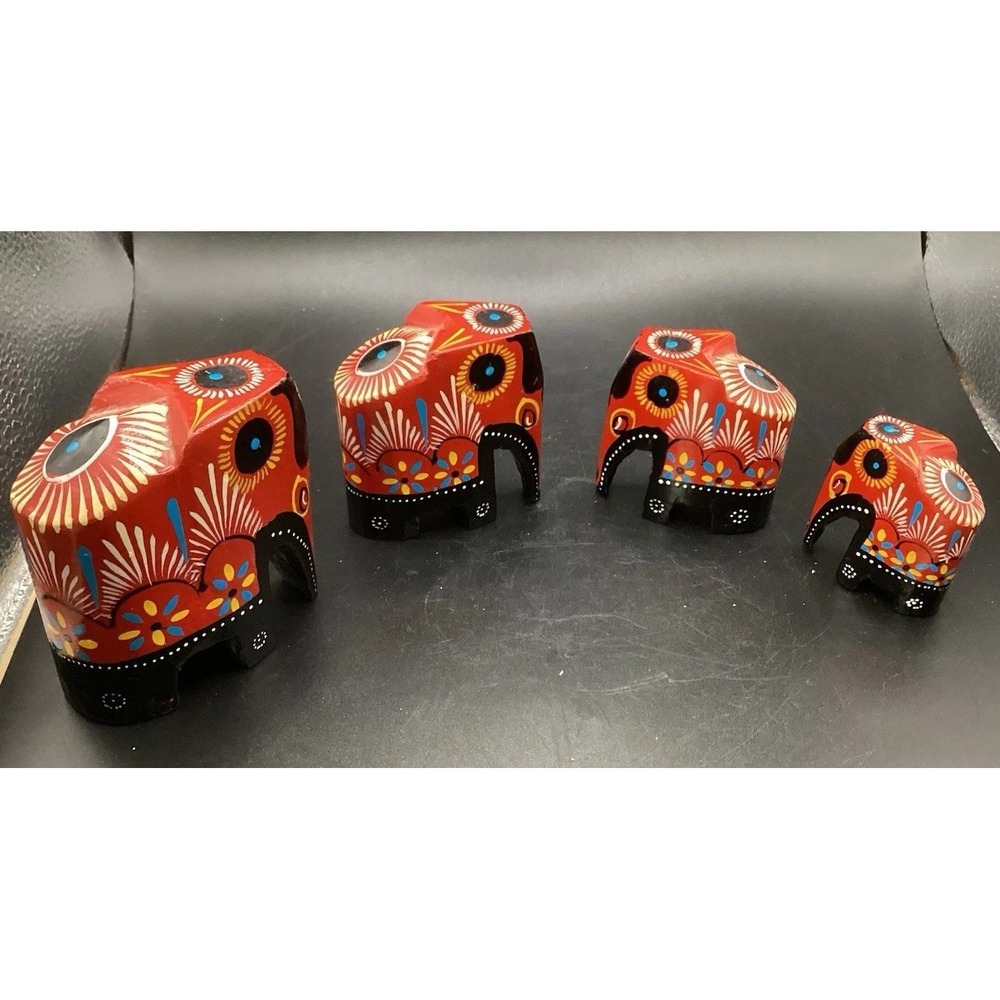 Set of 4‎ Hand Painted Carved Wood Folk Art Elephants Red Black 2.75" - 1.75"